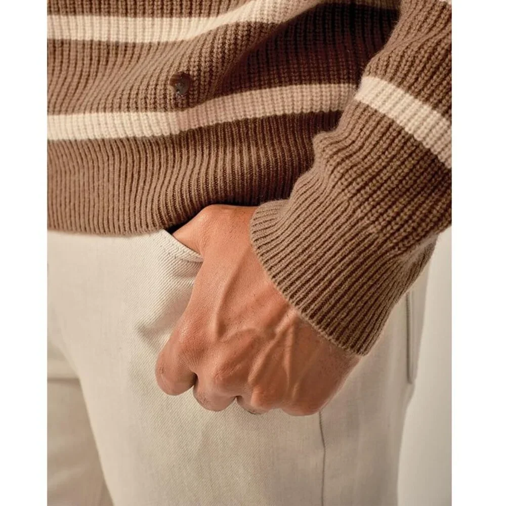 KVSS 100% Pure Cashmere Crewneck Pullover Sweater Brown/Cream Striped NEW w/Box! - Picture 5 of 6